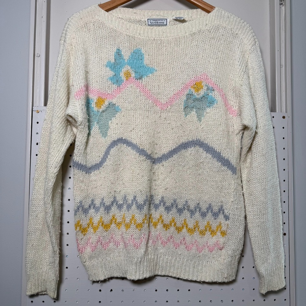 Vintage Charlotte Van Horne Sweater Women's Cream Pastel Knit Pullover - Large